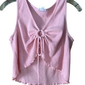 Pink Ribbed Crop Top - Ruched Front, Adjustable Tie, Lettuce Hem, Y2K Aesthetic